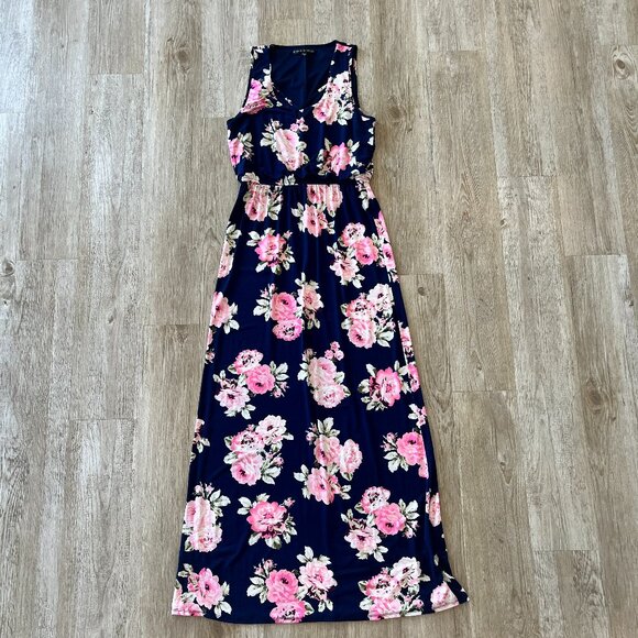 Womens Three Pink Hearts Blue with Pink Floral Print Maxi Dress - M - Picture 1 of 7